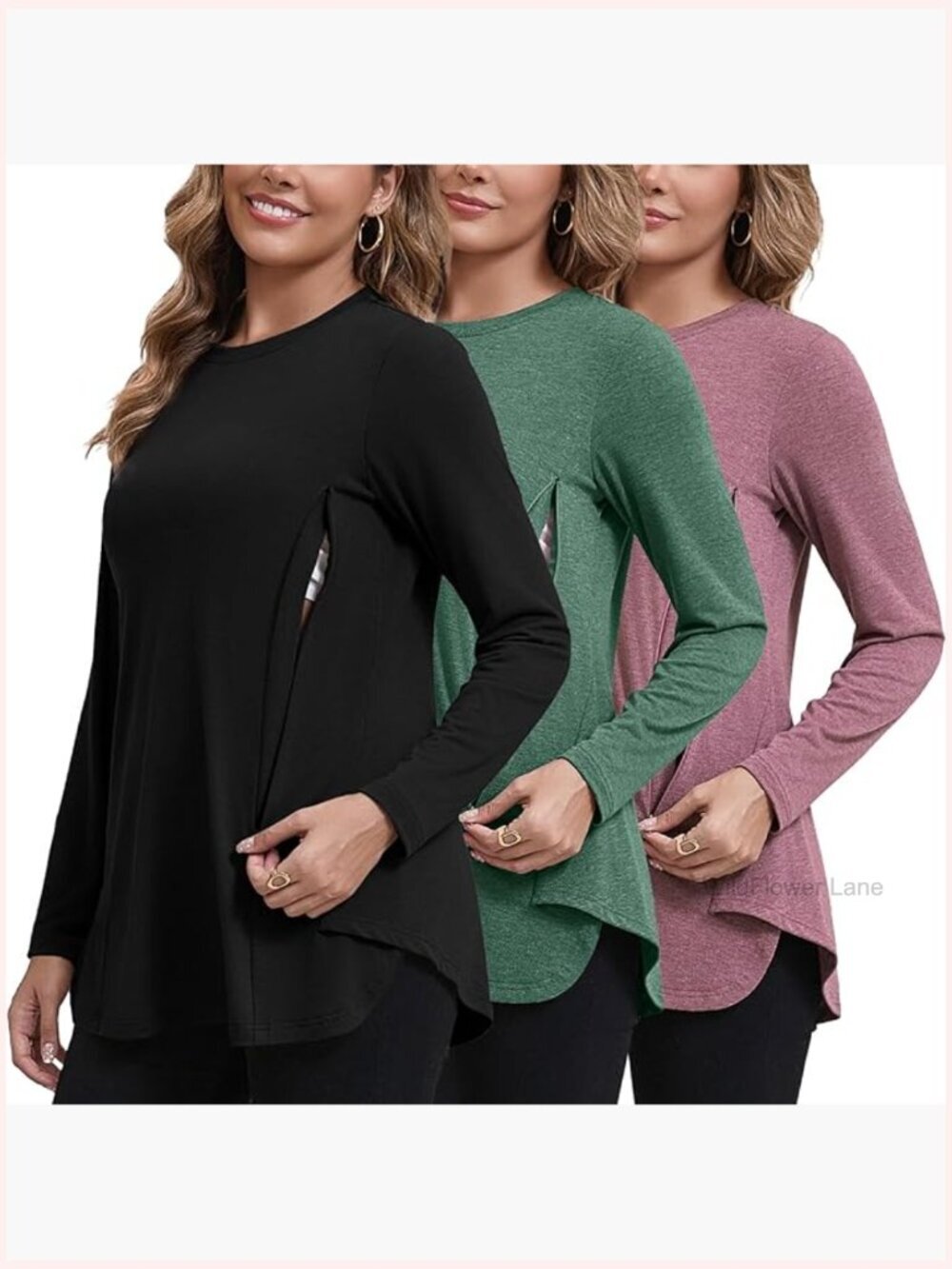 3 Pack Nursing Shirts Long Sleeve Hidden Zipper Breastfeeding Pumping Tops